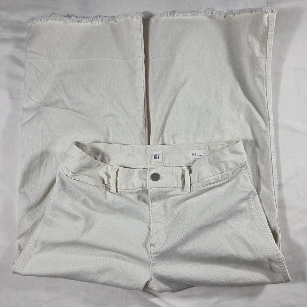 Gap Wide Leg Crop Pants Womens 8S Off White Cream Denim Frayed Hem High Rise